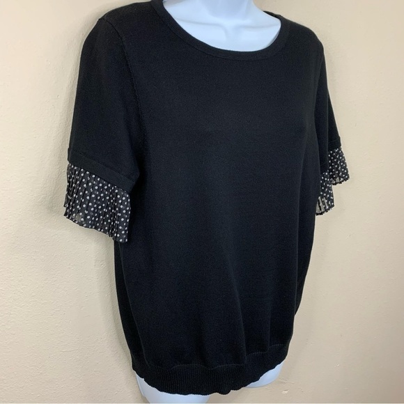 M Black Polka Dot Ruffle Short Sleeve Cardigan Sweater Stretch Medium - Picture 2 of 6